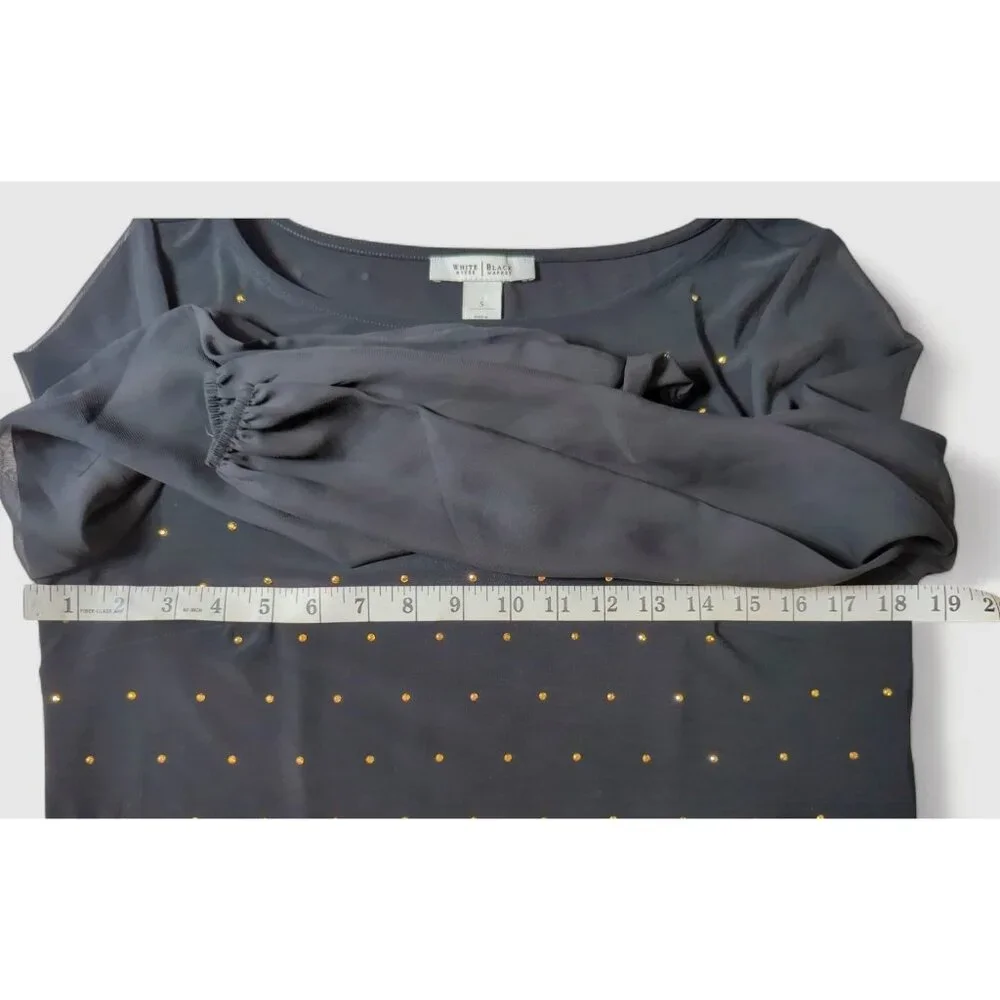 White House Black Market Women's Black Midi Dress‎ Gold Studs Sheer Long Sleeves